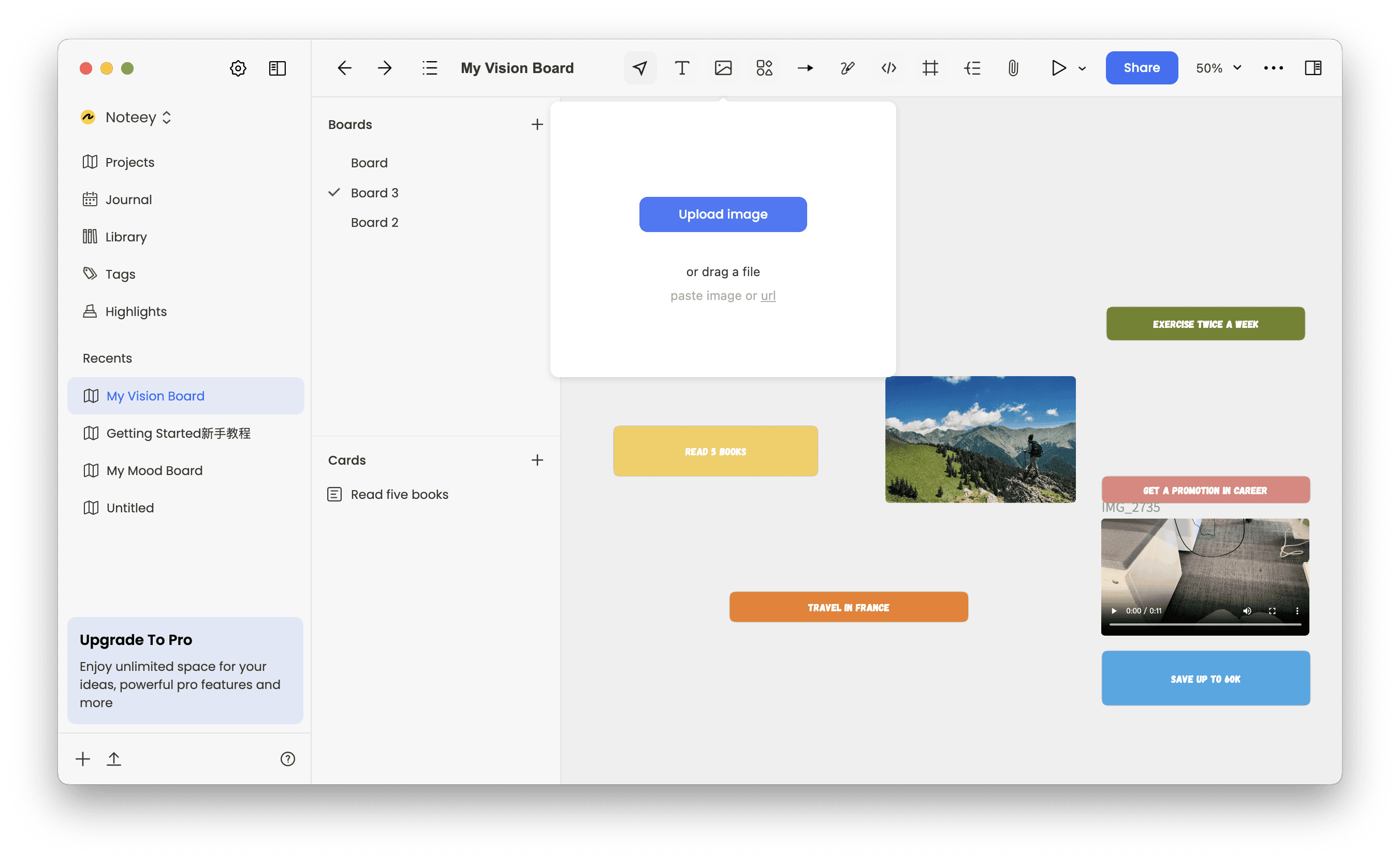 how to create a vision board and add images with noteey