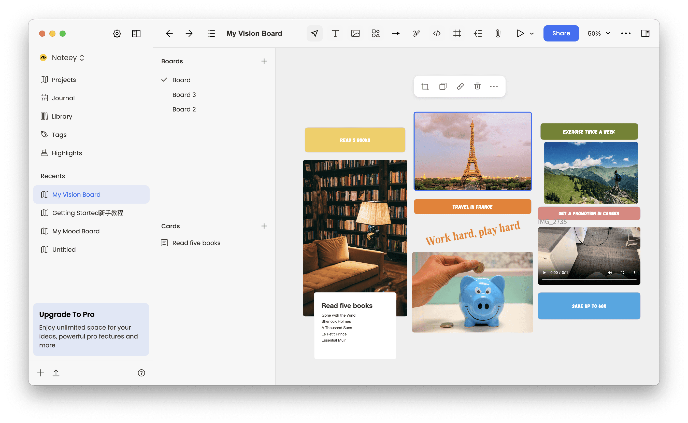 how to create a vision board and organize elements with noteey